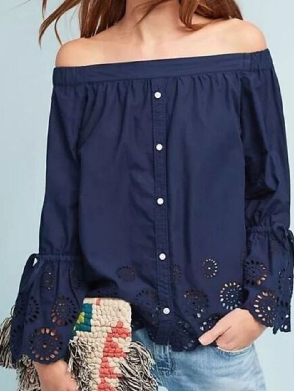 Off-Shoulder Navy Eyelet Hem Button-Front Blouse - Women Large